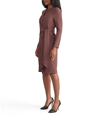 MISOOK Round Keyhole Neck Long Sleeve Tie Waist Shift Dress