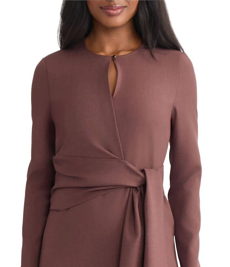 MISOOK Round Keyhole Neck Long Sleeve Tie Waist Shift Dress