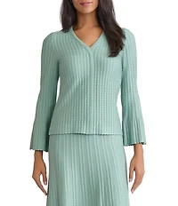 MISOOK Scalloped Rib Knit Coordinating V-Neck Bell Sleeve Top