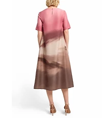 MISOOK Shantung Textured Landscape Pattern Crew Neck Short Sleeve Midi Dress