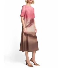 MISOOK Shantung Textured Landscape Pattern Crew Neck Short Sleeve Midi Dress