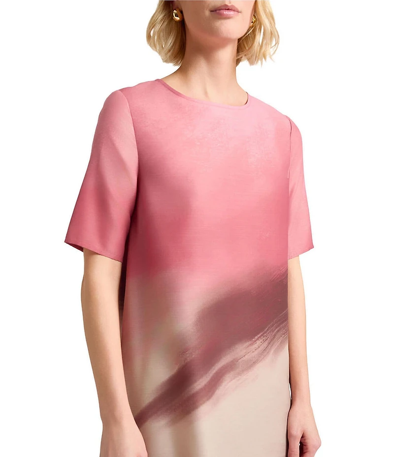 MISOOK Shantung Textured Landscape Pattern Crew Neck Short Sleeve Midi Dress