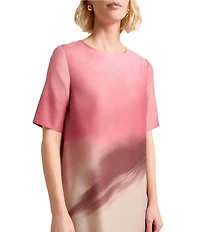 MISOOK Shantung Textured Landscape Pattern Crew Neck Short Sleeve Midi Dress