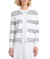 MISOOK Soft Knit Stripe Round Neck Long Sleeve Scallop Jacket