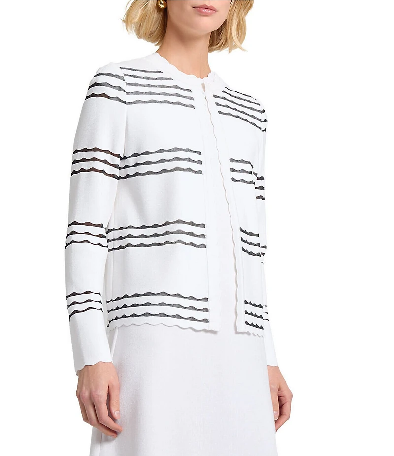 MISOOK Soft Knit Stripe Round Neck Long Sleeve Scallop Jacket