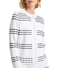 MISOOK Soft Knit Stripe Round Neck Long Sleeve Scallop Jacket