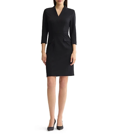 MISOOK Soft Luxe Sleek Stretch Ponte V-Neck 3/4 Sleeve Sheath Dress