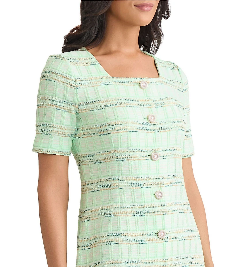 MISOOK Soft Plaid Knit Square Neck Short Sleeve A-Line Dress