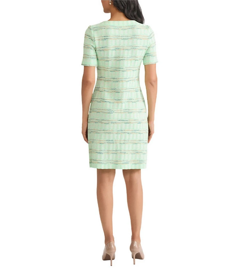 MISOOK Soft Plaid Knit Square Neck Short Sleeve A-Line Dress
