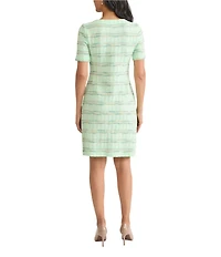 MISOOK Soft Plaid Knit Square Neck Short Sleeve A-Line Dress
