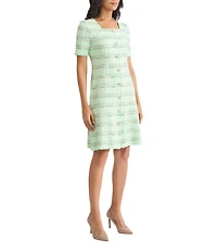 MISOOK Soft Plaid Knit Square Neck Short Sleeve A-Line Dress