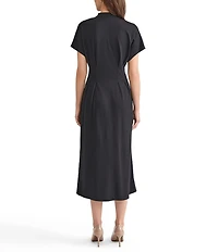 MISOOK Stand Collar V-Neck Short Dolman Sleeve Button Front Midi Shirt Dress