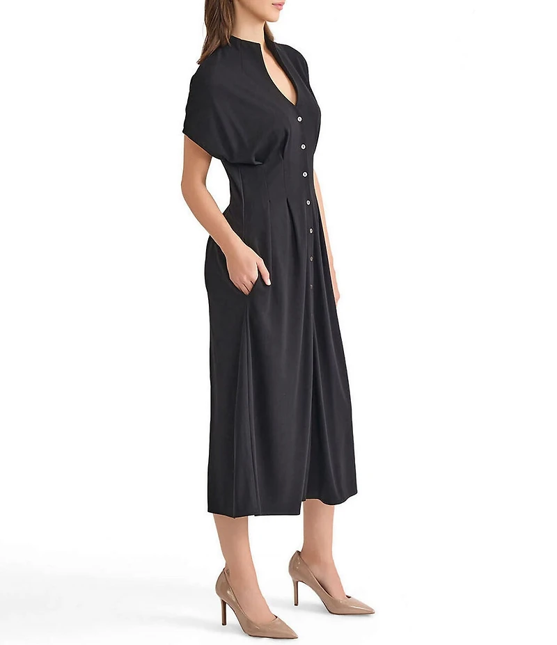 MISOOK Stand Collar V-Neck Short Dolman Sleeve Button Front Midi Shirt Dress