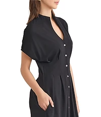 MISOOK Stand Collar V-Neck Short Dolman Sleeve Button Front Midi Shirt Dress