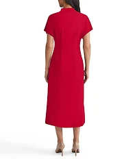 MISOOK Stand Collar V-Neck Short Dolman Sleeve Button Front Midi Shirt Dress