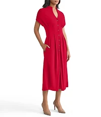 MISOOK Stand Collar V-Neck Short Dolman Sleeve Button Front Midi Shirt Dress