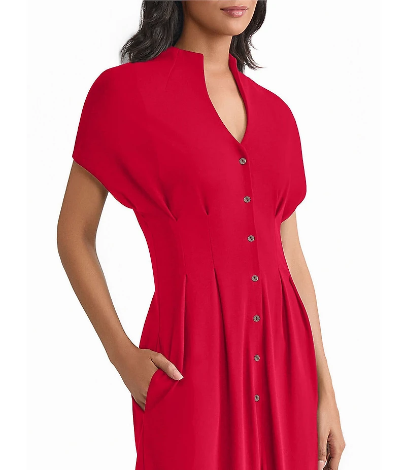 MISOOK Stand Collar V-Neck Short Dolman Sleeve Button Front Midi Shirt Dress