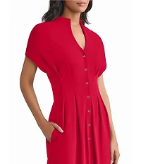 MISOOK Stand Collar V-Neck Short Dolman Sleeve Button Front Midi Shirt Dress