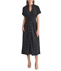 MISOOK Stand Collar V-Neck Short Dolman Sleeve Button Front Midi Shirt Dress