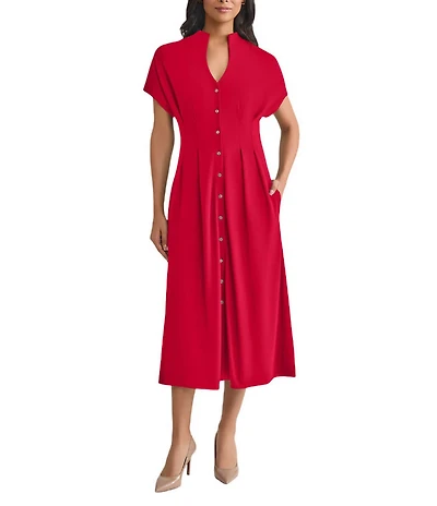 MISOOK Stand Collar V-Neck Short Dolman Sleeve Button Front Midi Shirt Dress