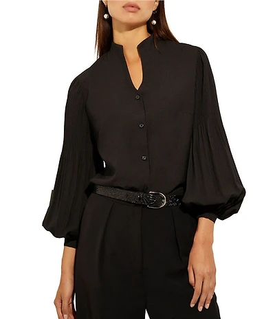 MISOOK Stretch Crepe Funnel V-Neck Pleated Bishop Sleeve Blouse
