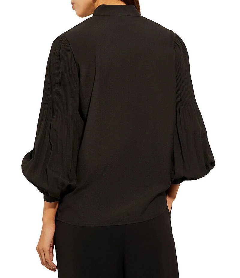 MISOOK Stretch Crepe Funnel V-Neck Pleated Bishop Sleeve Blouse