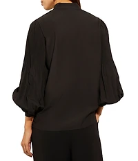 MISOOK Stretch Crepe Funnel V-Neck Pleated Bishop Sleeve Blouse
