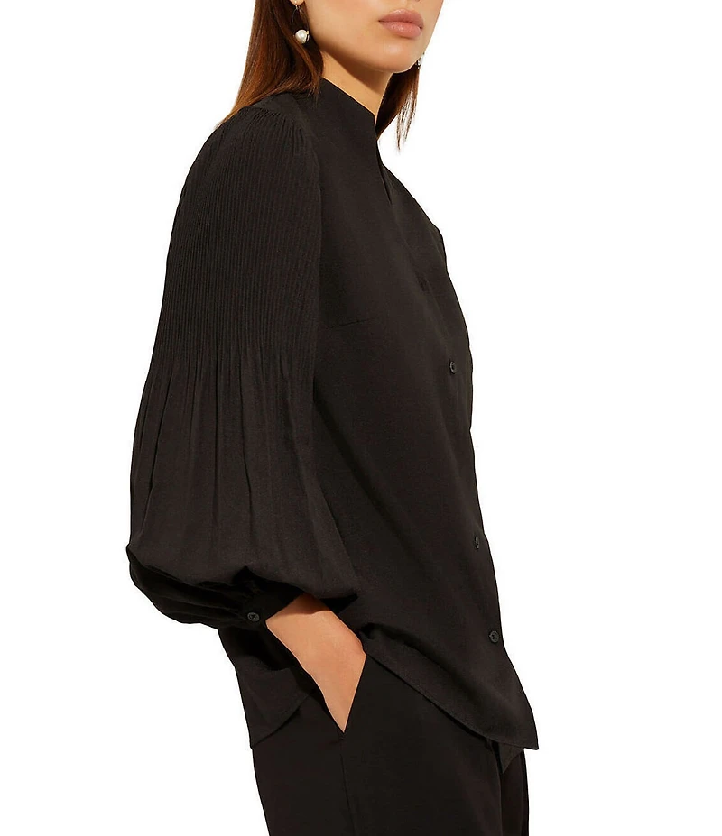 MISOOK Stretch Crepe Funnel V-Neck Pleated Bishop Sleeve Blouse