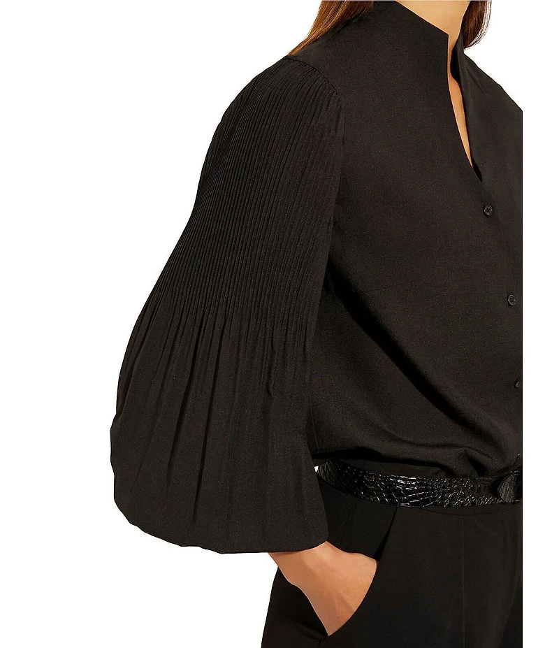 MISOOK Stretch Crepe Funnel V-Neck Pleated Bishop Sleeve Blouse