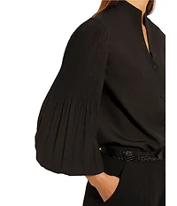 MISOOK Stretch Crepe Funnel V-Neck Pleated Bishop Sleeve Blouse