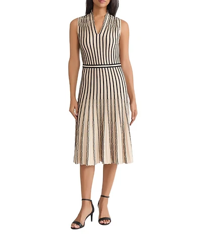 MISOOK Striped Ribbed Knit V-Neck Sleeveless Fit-And-Flare Dress