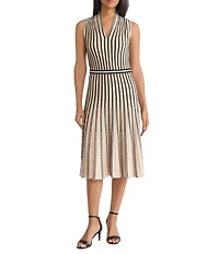 MISOOK Striped Ribbed Knit V-Neck Sleeveless Fit-And-Flare Dress