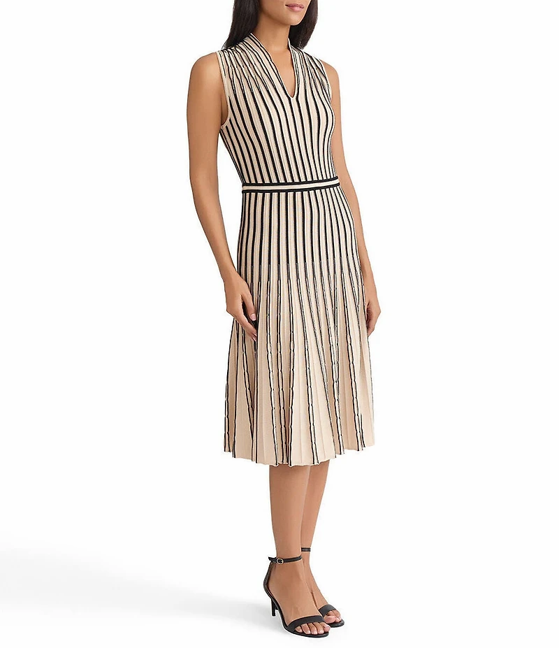 MISOOK Striped Ribbed Knit V-Neck Sleeveless Fit-And-Flare Dress