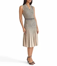 MISOOK Striped Ribbed Knit V-Neck Sleeveless Fit-And-Flare Dress