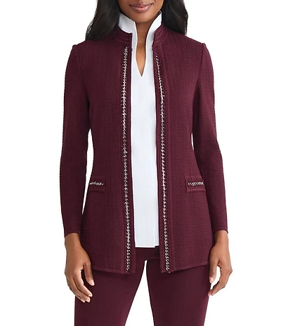MISOOK Tailored Crochet Knit Chain Trim Mandarin Collar Long Sleeve Jacket