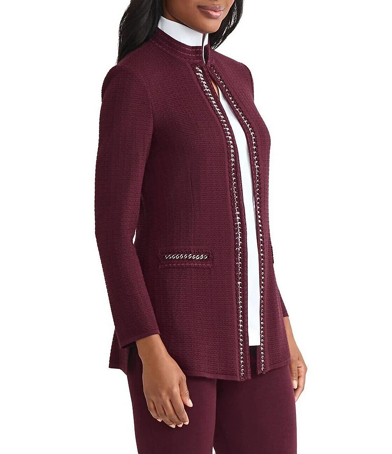 MISOOK Tailored Crochet Knit Chain Trim Mandarin Collar Long Sleeve Jacket