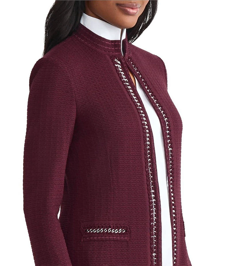MISOOK Tailored Crochet Knit Chain Trim Mandarin Collar Long Sleeve Jacket