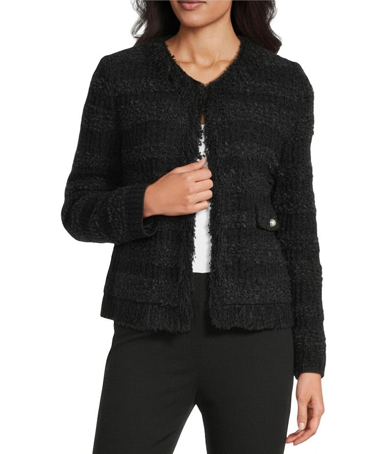 MISOOK Tailored Eyelash Fringe Trim Knit V-Neck Long Sleeve Jacket