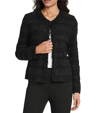 MISOOK Tailored Eyelash Fringe Trim Knit V-Neck Long Sleeve Jacket