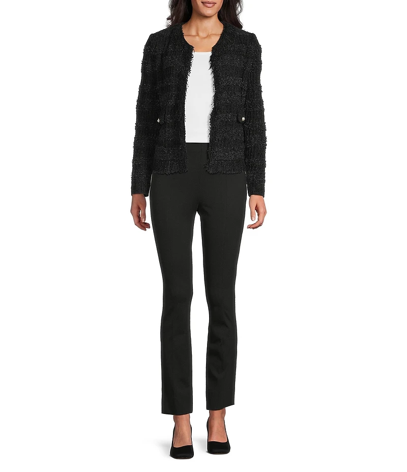 MISOOK Tailored Eyelash Fringe Trim Knit V-Neck Long Sleeve Jacket