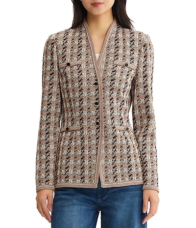 MISOOK Tailored Houndstooth Tweed Knit Wrinkle-Resistant Button-Front Jacket