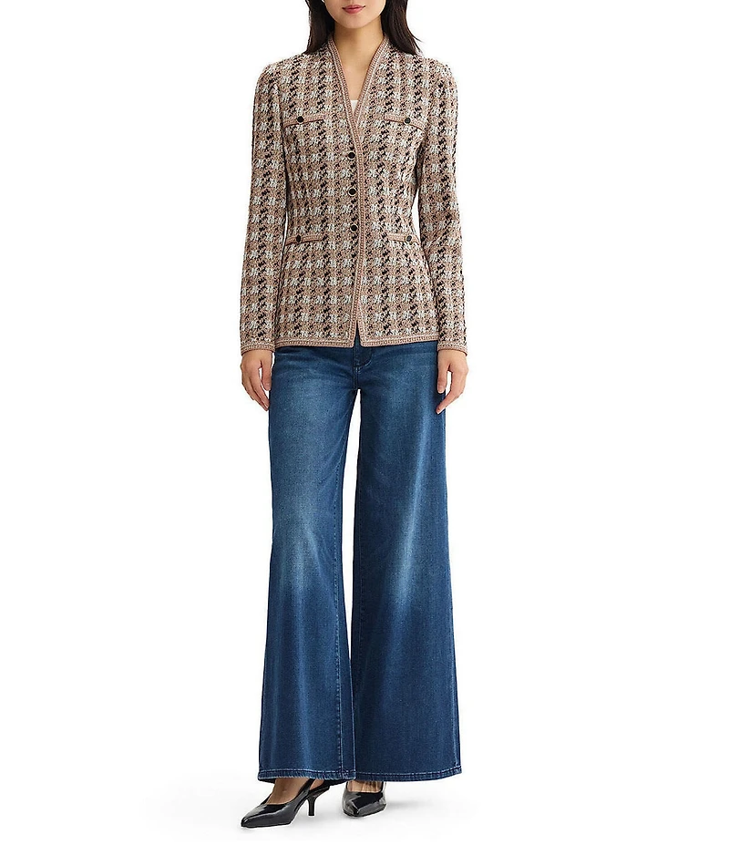 MISOOK Tailored Houndstooth Tweed Knit Wrinkle-Resistant Button-Front Jacket