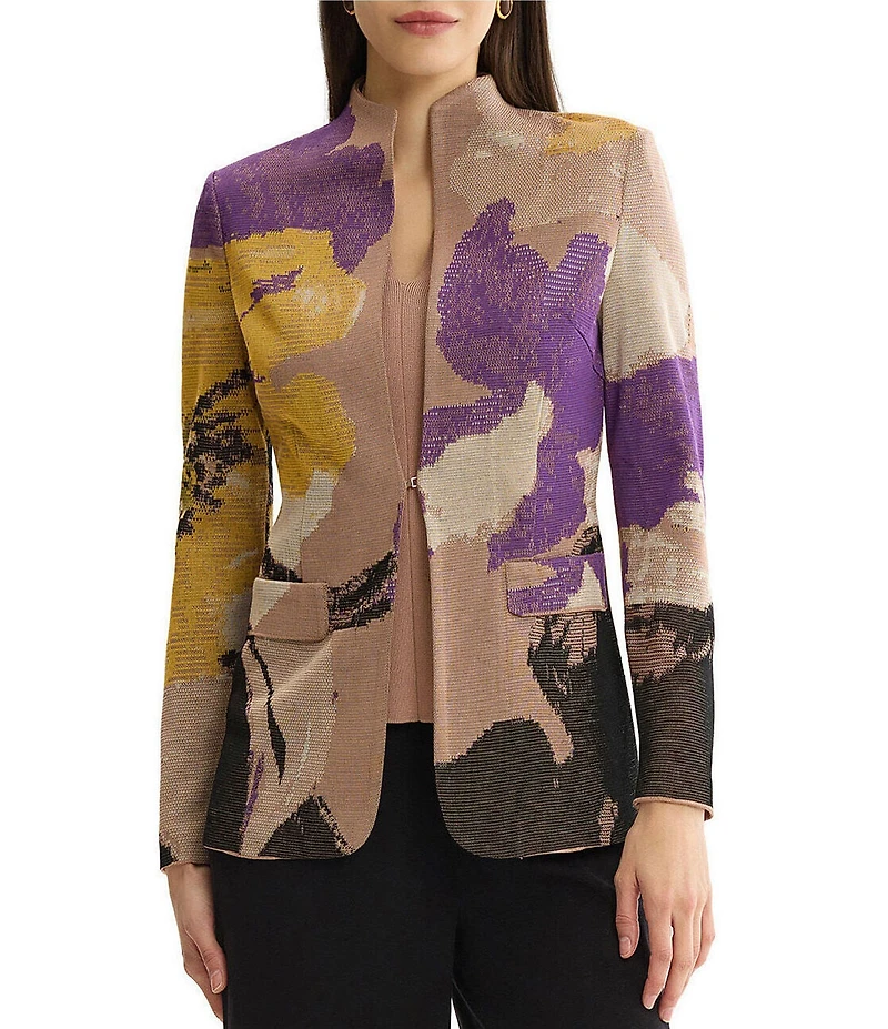 MISOOK Tailored Jacquard Flat Knit Artisan Print Stand Collar Long Sleeve Jacket