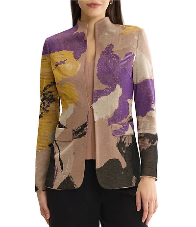MISOOK Tailored Jacquard Flat Knit Artisan Print Stand Collar Long Sleeve Jacket