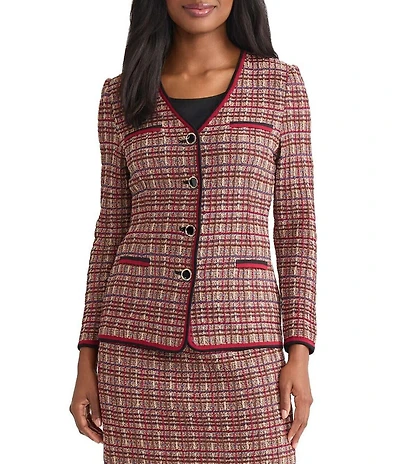 MISOOK Tailored Plaid Multi-Stitch Knit V-Neck Long Sleeve Jacket
