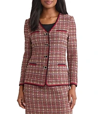 MISOOK Tailored Plaid Multi-Stitch Knit V-Neck Long Sleeve Jacket