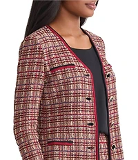 MISOOK Tailored Plaid Multi-Stitch Knit V-Neck Long Sleeve Jacket