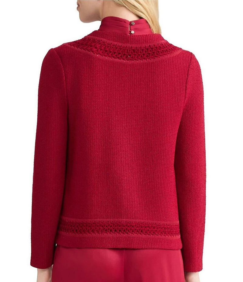 MISOOK Tonal Crochet Trim Knit Crew Neck Long Sleeve Jacket