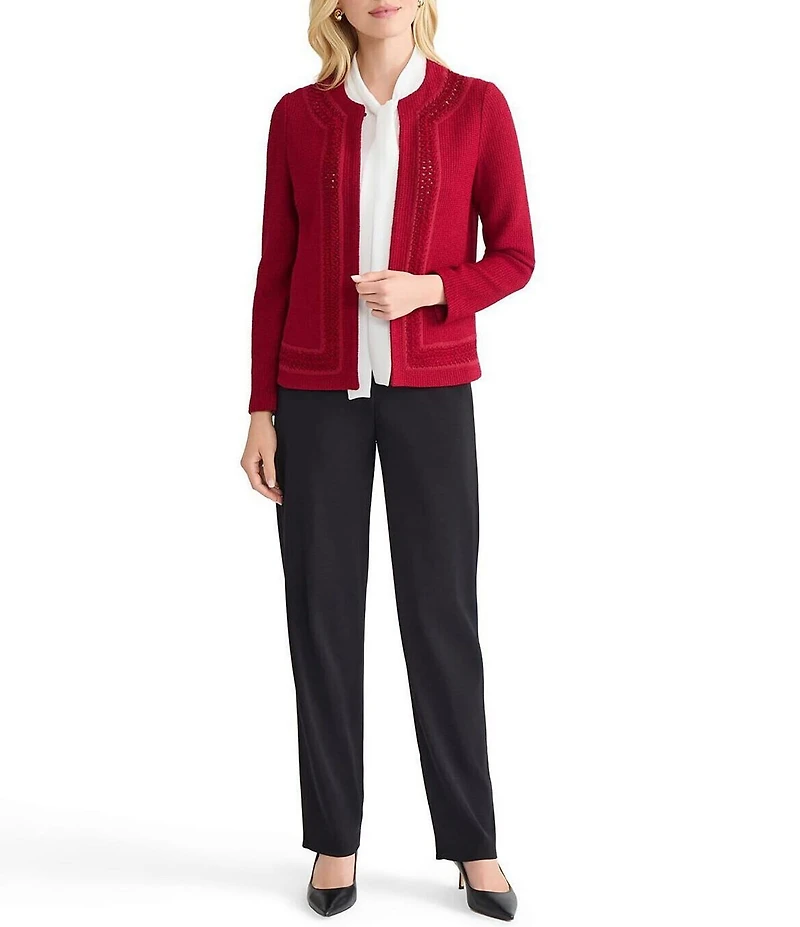 MISOOK Tonal Crochet Trim Knit Crew Neck Long Sleeve Jacket