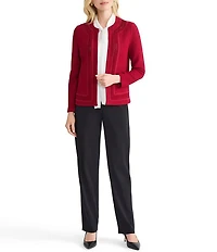 MISOOK Tonal Crochet Trim Knit Crew Neck Long Sleeve Jacket